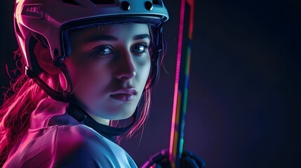 Portrait of little boy, child training hockey, posing isolated on purple background in neon light. Building motivation and concentration. Concept of action,