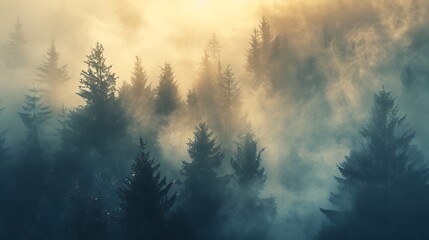 A dense fog rolling through a forest, shrouding the trees in mystery and creating an enchanting nature background.