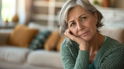 Pensive senior woman at home, her expression thoughtful and serene, perfect for themes of solitude and senior mental health.