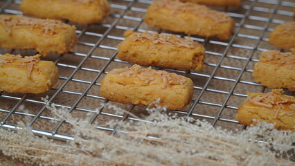 Fresh from the oven crunchy kaastengels cookies Indonesian cookies typically served during Hari Raya Idul Fitri
