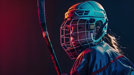 Portrait of little boy, child training hockey, posing isolated on purple background in neon light. Building motivation and concentration. Concept of action,