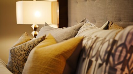 Model bedroom, plush bedding and pillows close-up, inviting texture, warm glow from bedside lamp 