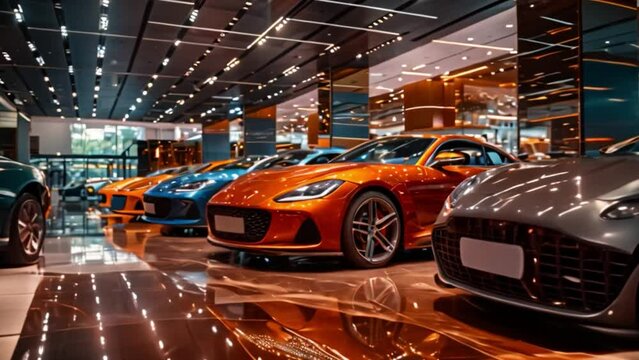 A new car showroom displays luxurious and beautiful vehicles. The gleaming exterior and luxurious interior invite you to experience riding in style. A new car warehouse is on hand.