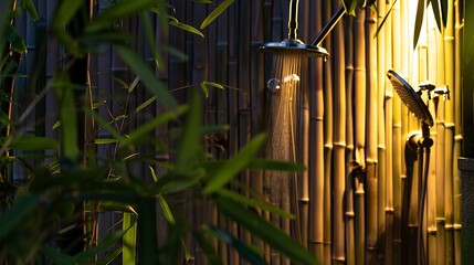 Obraz premium Tropical resort, outdoor shower close-up, bamboo details, twilight lighting 