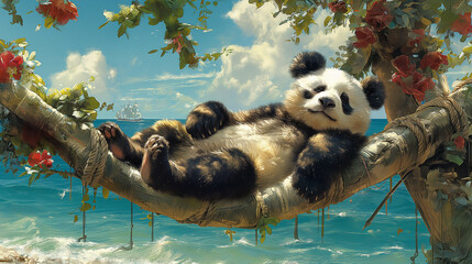 panda is relaxing in the sea