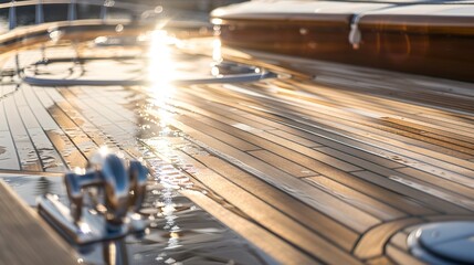 Luxury yacht charter, polished teak deck close-up, sophisticated nautical setting, bright sun 