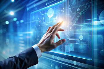 A hand pointing to a screen with a digital interface. AI Generative