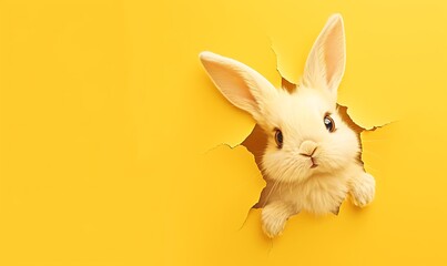 Rabbit on bright yellow background, copy space. Space for text,Generative AI.明るい黄色の背景にウサギ,コピースペース。テキスト用スペース,Generative AI
