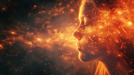 Transcendence side view, woman's face dissolving into glowing particles, transformation change evolution growth progress