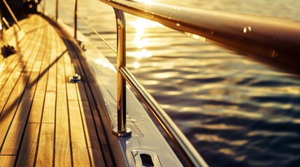 Luxury yacht by private pier, polished wood rail close-up, calm waters, golden sunset 