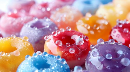Sweet, colorful gummy donuts with water drops, reflection light fun playful nostalgia - obrazy, fototapety, plakaty