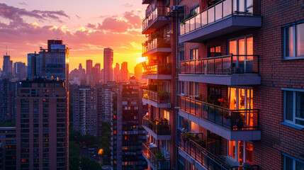 Obraz premium Picturesque urban sunset as viewed from a high-rise balcony, showcasing cityscape with dramatic sky.