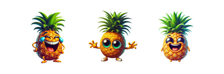 Set of illustration of a pineapple with laughing face, big eyes, arms and legs, isolated over on transparent white background