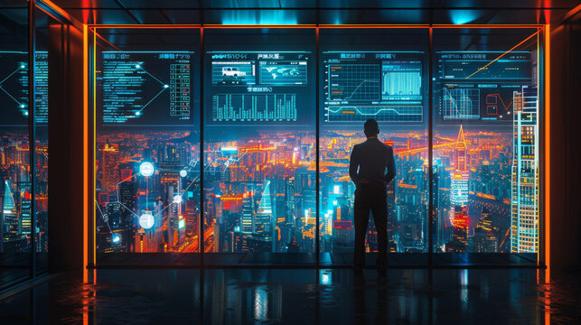 A man stands in a high-tech control room with futuristic screens, overlooking a brightly lit cityscape at night.