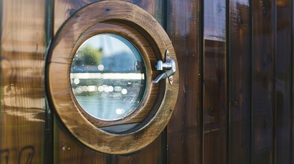 Houseboat, porthole window close-up, unique water-level view, reflective morning light
