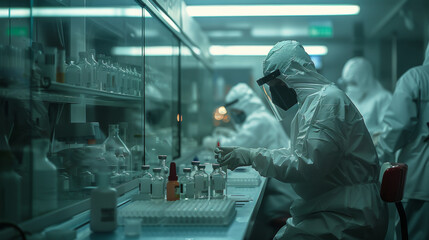 Scientists in protective gear working diligently in a well-equipped, modern laboratory setting.