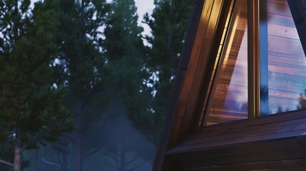 A-frame cabin, triangular window close-up, forest view, dusk light 