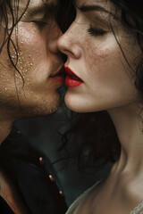Passionate sensual kiss between a man and a woman. Cover of a book about love, romantic novel.