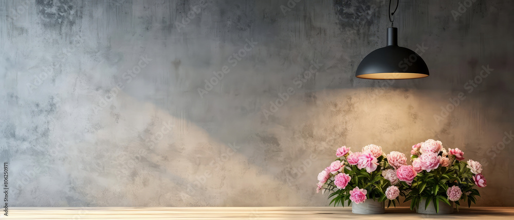 Wall mural modern, contemporary interior mockup with lamp, floor lamp, peonies bouquet flowers, furniture. over