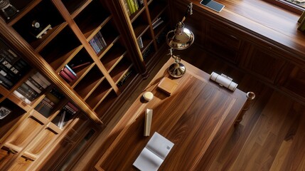 Elegant home office, large oak desk, classic bookcase filled, ambient lighting, detailed close-up from above 