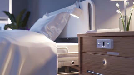 Bedroom with hospital bed, accessible nightstand, emergency call button, high-detail close-up of amenities 