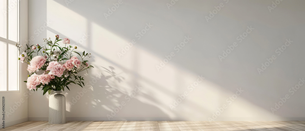 Wall mural modern, contemporary interior mockup with lamp, floor lamp, peonies bouquet flowers, furniture. over