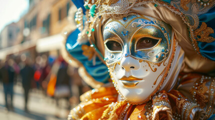 Fototapeta premium Close-up of an ornate Venetian carnival mask adorned with intricate designs and vibrant colors, captured in daylight.