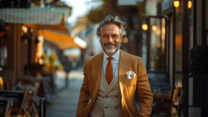 Obraz premium Dapper senior man with glasses smiling on city sidewalk