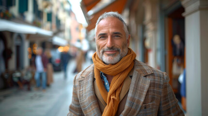 Naklejka premium Smiling man with scarf and checked jacket on a city street