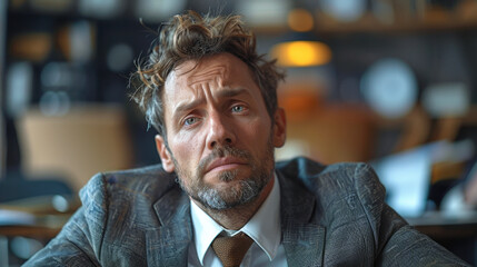 Fototapeta premium Worried businessman in a suit sitting in an office
