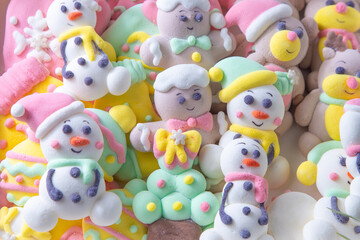 Christmas marshmallows. Winter candy. Sweet food in december. Snowman and Santa Claus