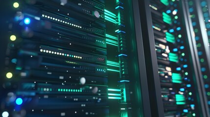 Naklejka premium Server rack in data center, close-up on open panel, blue and green LED lights, rows of servers in soft focus behind 