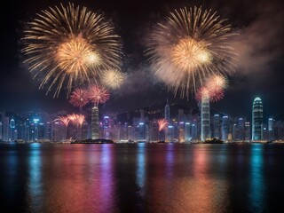 Fireworks Illuminating Victoria Harbor Skyline Night Hong Kong Spectacular Celebration Shot.