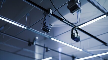 High-tech video conferencing equipment on office ceiling, close-up, focus on camera and microphones, soft lighting 