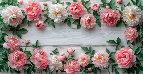 Frame with peonies on white wooden background. Free space for text.