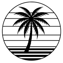 Retro vintage style sunset, palm tree vector silhouette