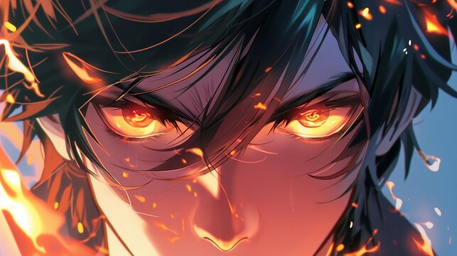 anime cartoon character with blazing eyes 