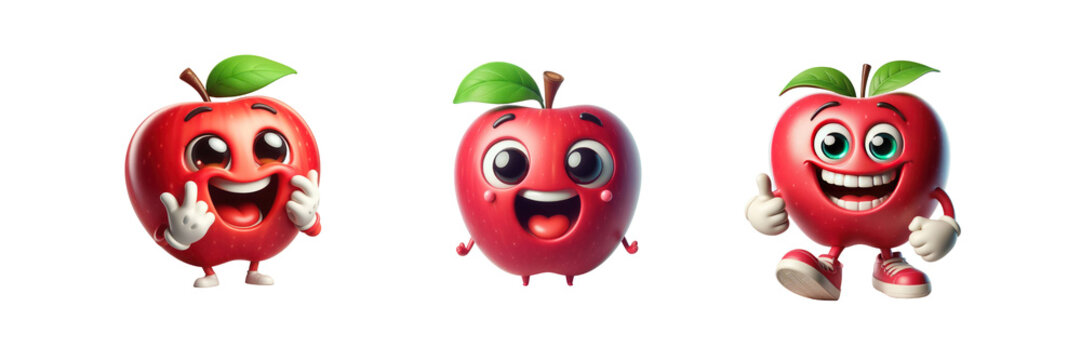 Set of illustration of a cartoon apple character with laughing face, big eyes, arms and legs, isolated over on transparent white background