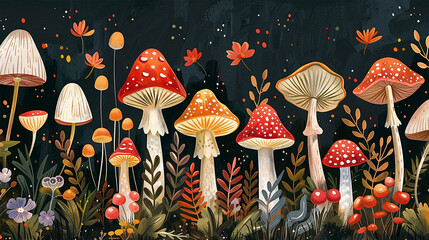 Magic mushrooms in the forest. Folk style.