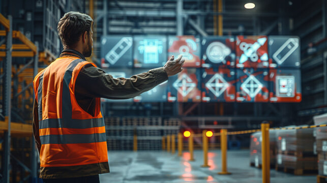 A male industrial worker uses advanced digital interface technology to control warehouse operations in a modern factory. - Powered by Adobe