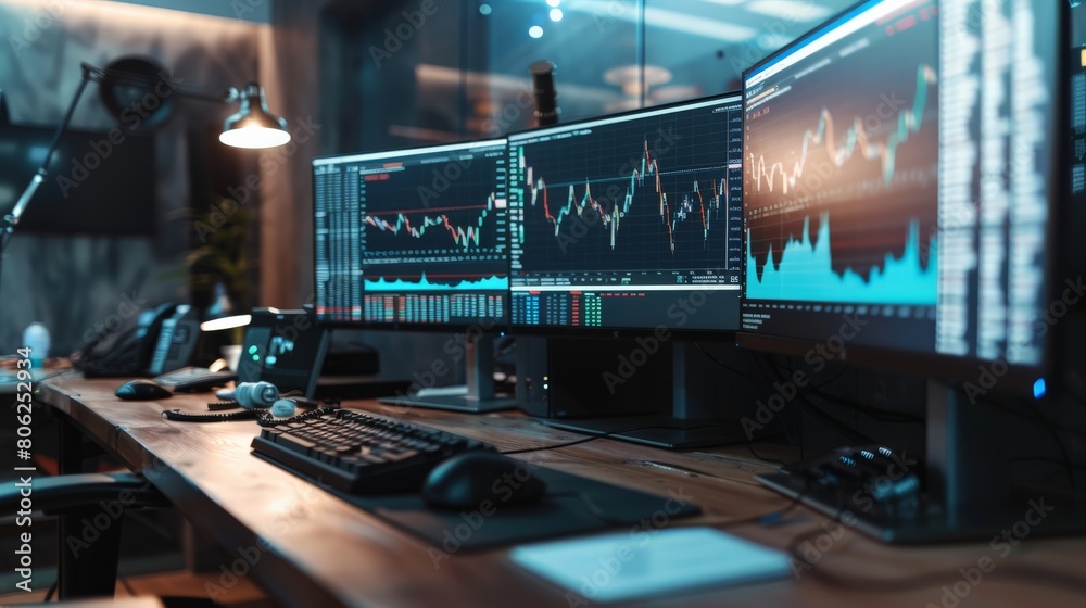 Poster sophisticated trading room with illuminated monitors showing market stats. high-tech finance and inv
