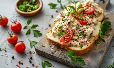 lightweight slices of a sandwich spread on a chopping board