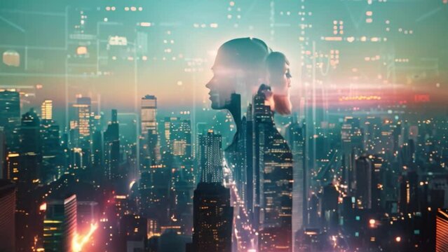 An abstract image features the head silhouette of a businesswoman, with a city emerging from her business mind. It stands for all of the ideas and thoughts that are going through your head.