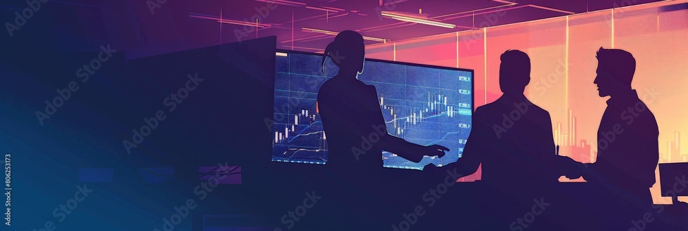 Poster futuristic trading room lit by screens showing data, a hub for market analysis and decision-making