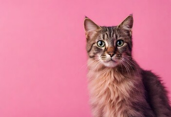 Obraz premium Gato con expresión de asombro sobre fondo de color rosado