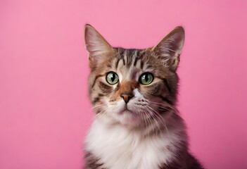 Obraz premium Gato con ojos verdes sobre un fondo de color rosado