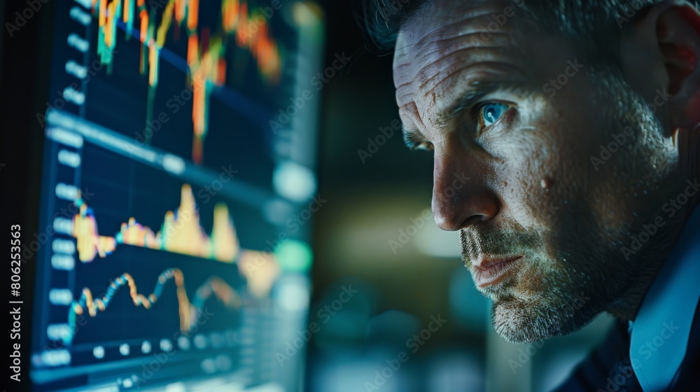 Aufkleber Trader intently watching market fluctuations on computer screens. Decision making and market analysis concept.