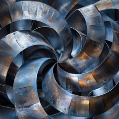 Steel coils in an abstract composition form spiraling patterns, creating an optical illusion of...
