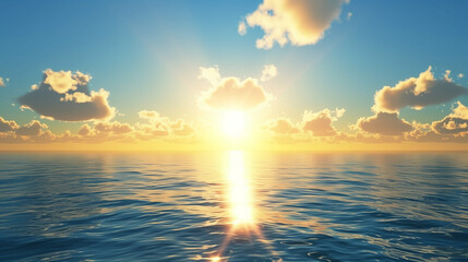 The sun is shining on the ocean, creating a beautiful and serene scene. The water is calm and the sky is clear, making for a perfect day to relax and enjoy the view