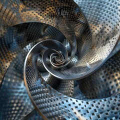 An abstract arrangement of steel coils forms spiraling patterns that visually suggest depth and complexity.